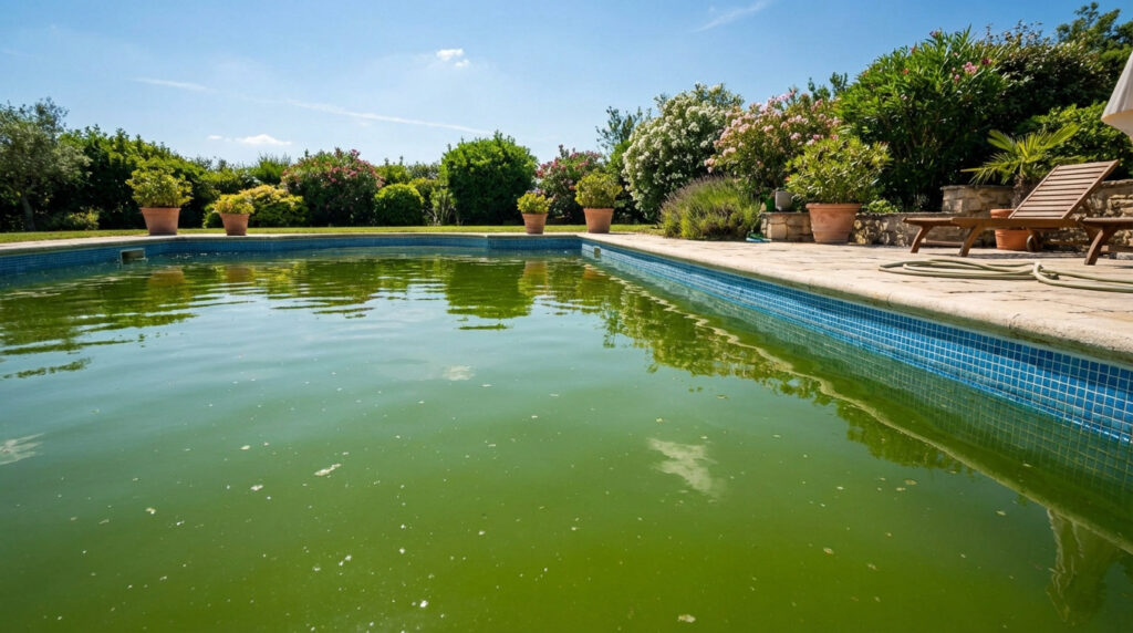 A wide-angle view of an outdoor swimming pool with murky green, algae-filled water. Blue tiles line the edge, surrounded by a lush garden under a clear sky.
