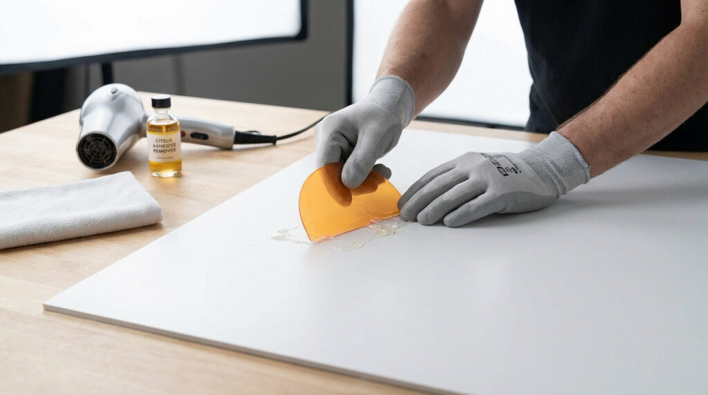 Gloved hands carefully scrape clear adhesive residue from a white PVC panel. Hairdryer, remover, cloth nearby.