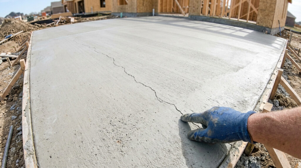 Wide-angle view of a grey concrete slab with an irregular crack. A blue-gloved hand points to the fissure on a sunny construction site.