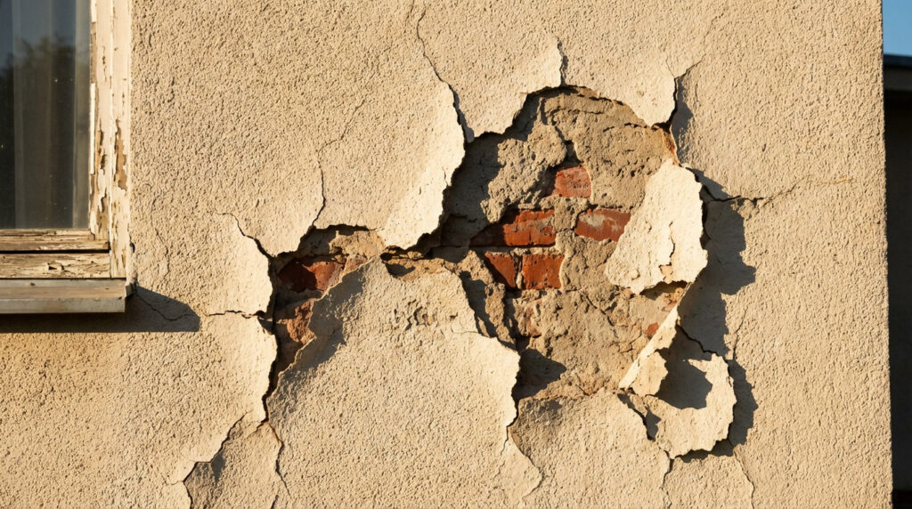 Close-up of a light beige residential wall with severe render deterioration, showing large cracks, peeling flakes, and exposed red brick underneath, illuminated by sunlight.