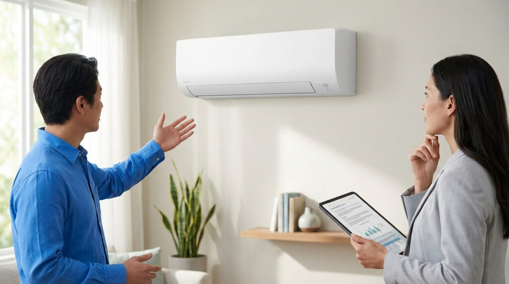 Man in blue shirt gestures at white AC unit on wall; woman in gray blazer holds tablet, both discussing it in a modern room.
