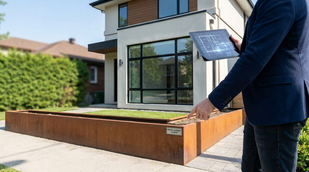 Person with tablet showing blueprints points at a modern house's large window and a rusted metal planter acting as a property boundary.