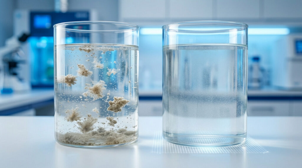 Side-by-side comparison of water purification: flocculant shows settling clumps, clarifier shows fine particles over a filter grid.