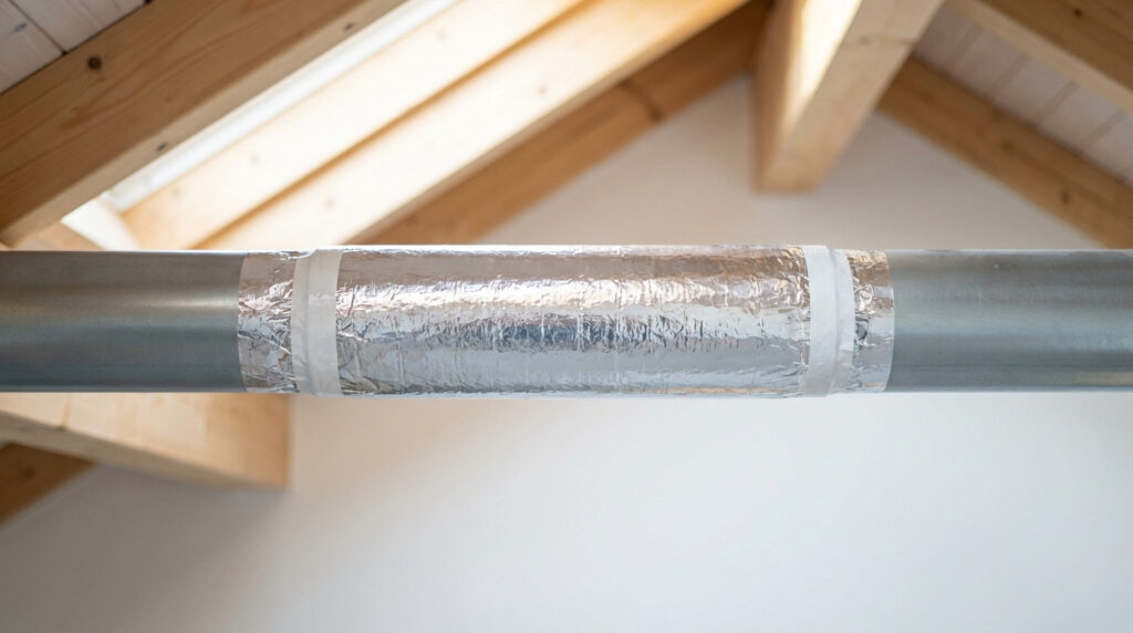 Gros plan sur une gaine VMC métallique grise avec une isolation argentée nette, traversant un grenier moderne lumineux avec poutres en bois claires.
