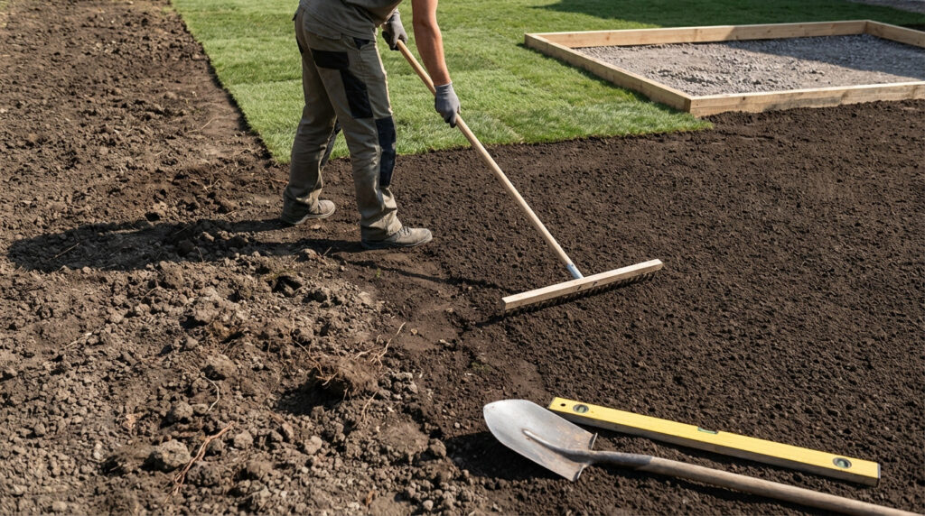 A person levels dark garden soil with a long rake. A shovel and spirit level rest nearby. New turf and a gravel foundation are in the background, signaling a landscaping project.