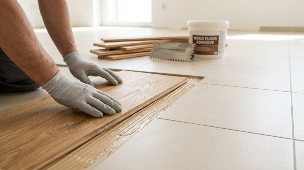 Gloved hands install solid wood parquet over light ceramic tiles with adhesive. Tools, wood planks, and bright room visible.
