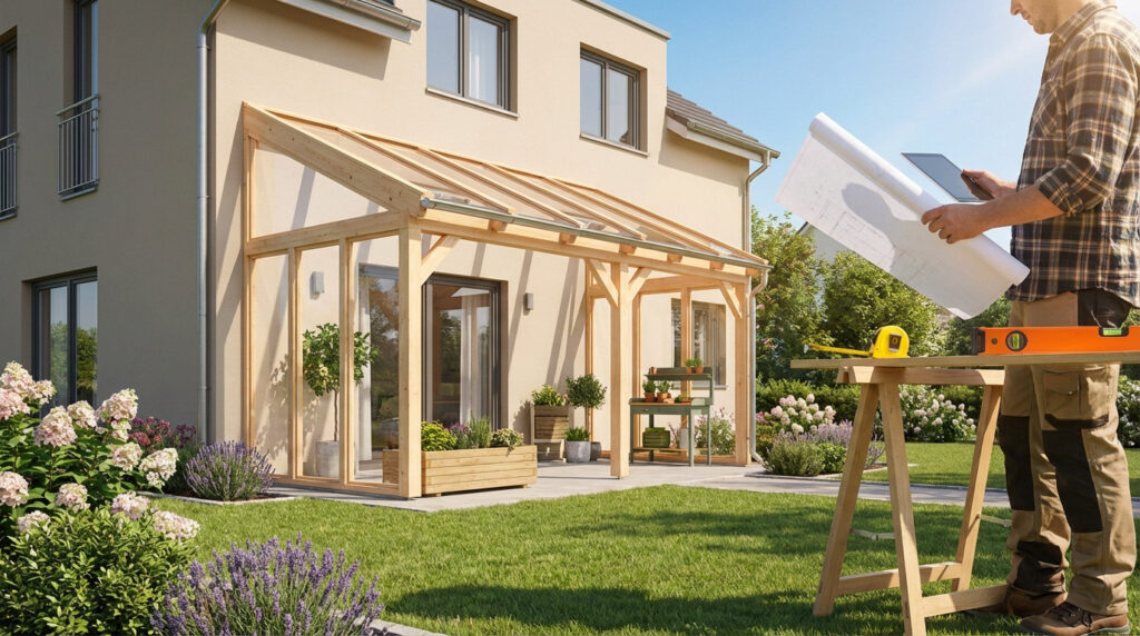 Man plans a new light wood and glass appentis on a modern beige house. He reviews blueprints and a tablet in a sunny garden with tools.