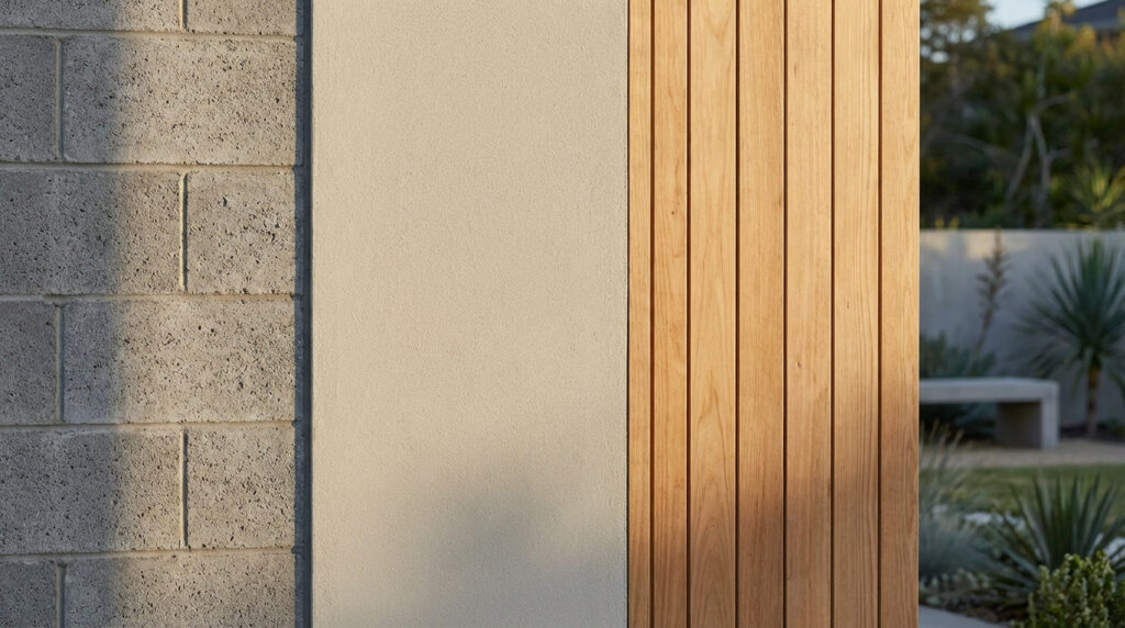 Exterior wall with three vertical sections: grey cinder blocks, light beige render, and warm wooden cladding. Soft daylight illuminates textures.