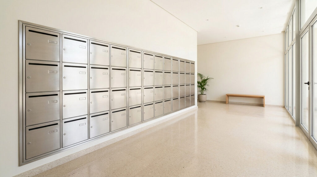 Sleek, metallic mailboxes in a bright, modern residential lobby. Features varying heights for accessibility, light walls, and polished floor.