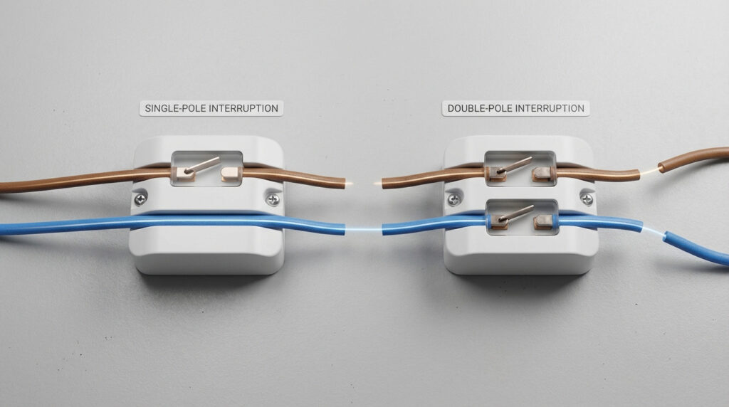 Diagram comparing single-pole and double-pole electrical interruption. Left: phase wire interrupted, neutral continuous. Right: both wires interrupted.