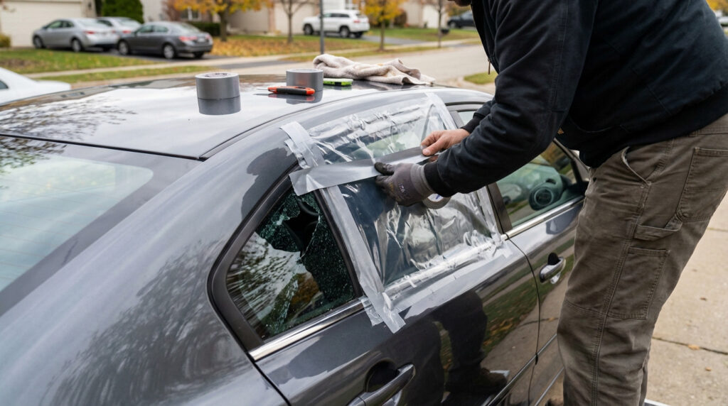 Torso-down view of someone using duct tape to secure a plastic sheet over a broken car window, showing practical temporary repair.
