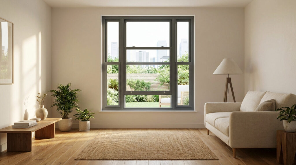 Bright, contemporary living room with a partially open anthracite sash window, offering views of a green garden and city skyline.