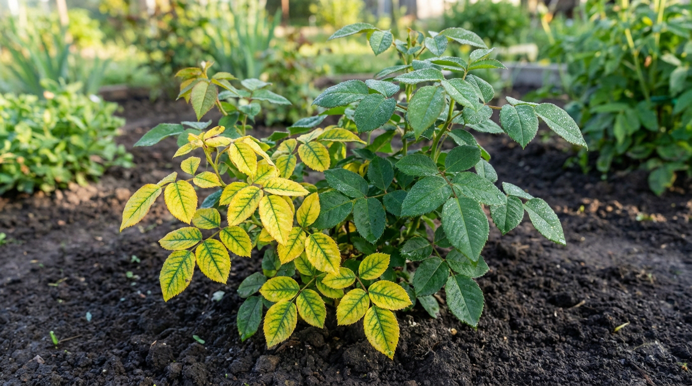 Gros plan sur un arbuste montrant des feuilles jaunes dues à la chlorose ferrique et des feuilles vertes saines. Contraste.