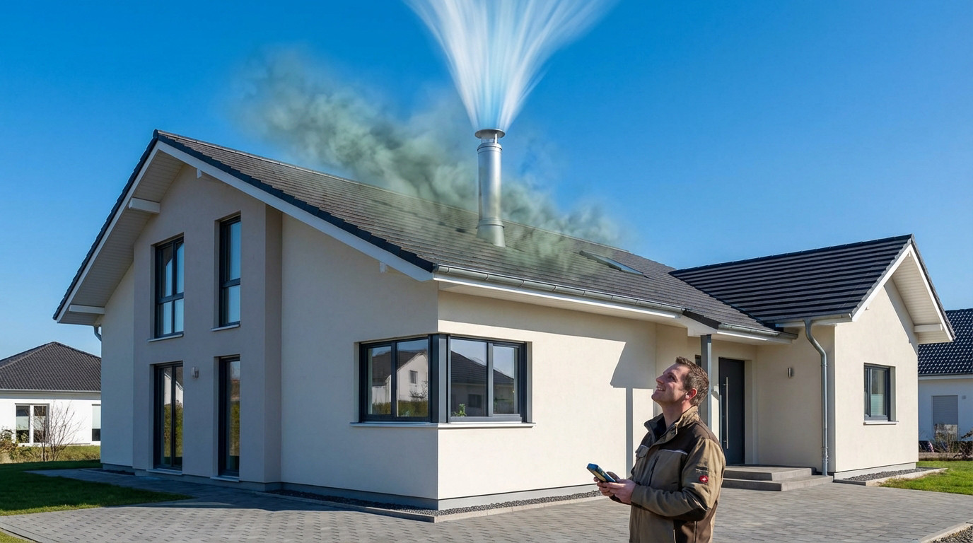 Man observes modern house with a roof ventilation pipe expelling clean air, dissipating dark odor wisps. Symbolizes efficiency.