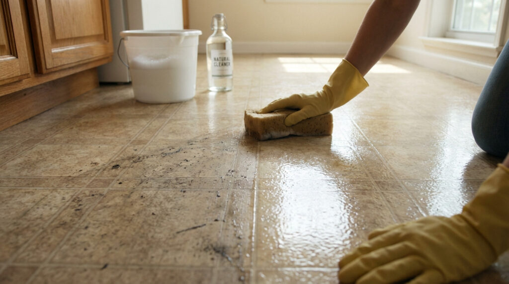 Hands in yellow gloves scrub a linoleum floor, revealing a sparkling clean section next to a dirty, grimy area. Bucket and natural cleaner visible.