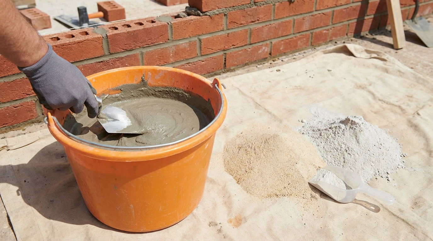 Gloved hand mixing grey mortar in an orange bucket with a trowel. Sand, cement, and scoop on a tarp. Partially built brick wall nearby.
