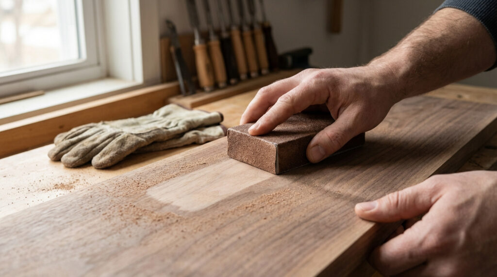 Gros plan sur des mains ponçant une planche de bois avec un bloc de ponçage. La poussière de bois est visible sur la surface.