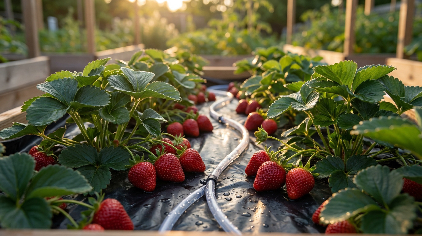 Gros plan sur des fraises rouges mûres et des plants verts sur une bâche noire avec irrigation goutte-à-goutte, éclairé par le soleil couchant.