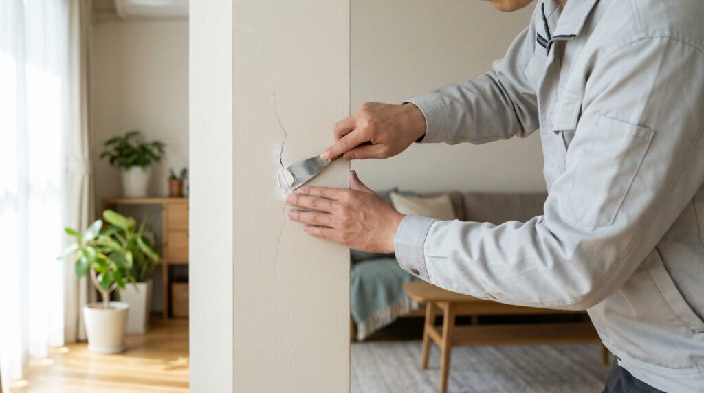 Gros plan sur un homme réparant une fissure sur un mur beige avec une spatule et de l'enduit, dans un intérieur lumineux.