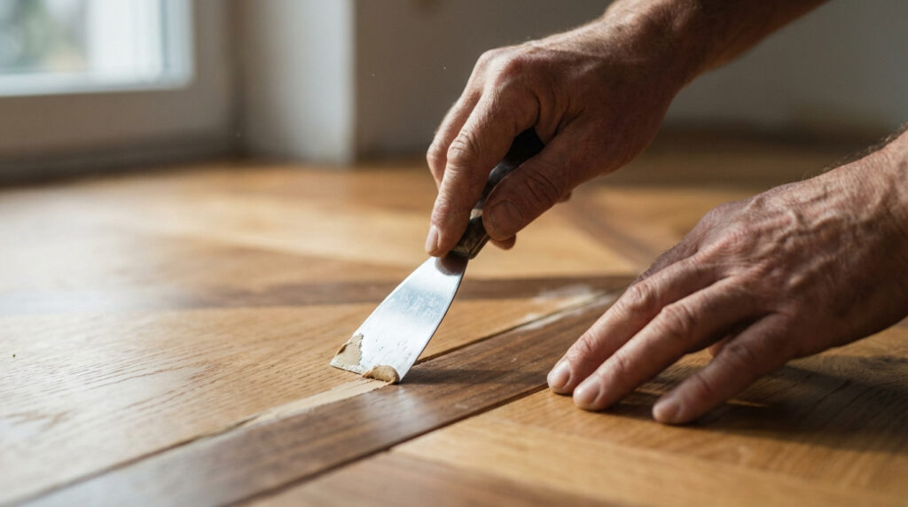 Gros plan sur des mains appliquant de la pâte à bois avec une spatule pour reboucher une fente dans un parquet en bois clair.