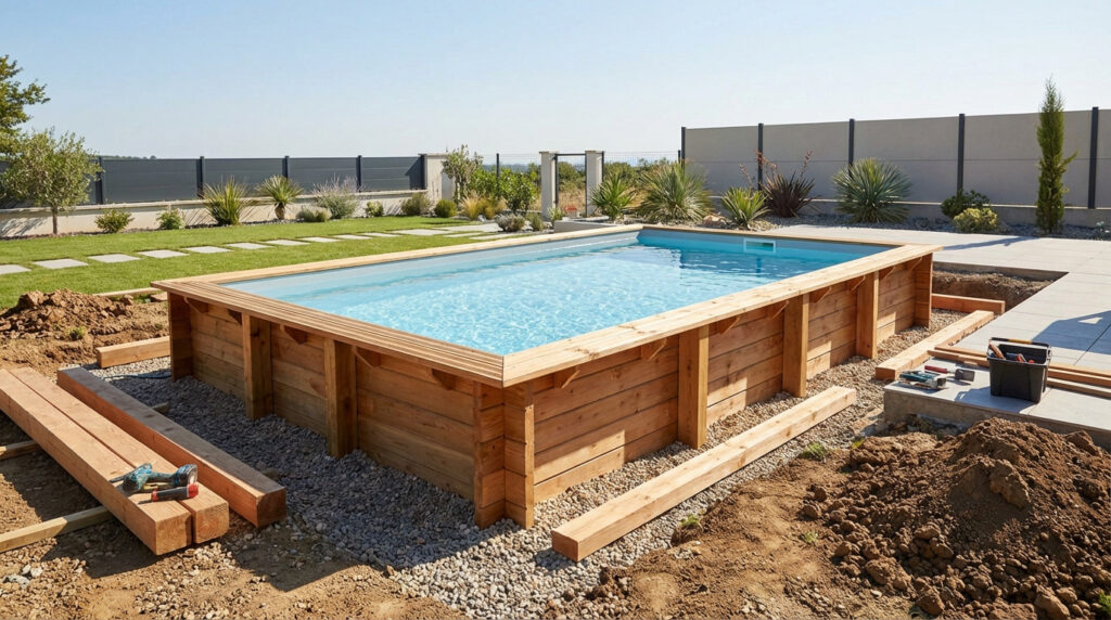 Semi-inground wooden swimming pool under construction in a modern garden, with sparkling blue water, visible earth, and tools.