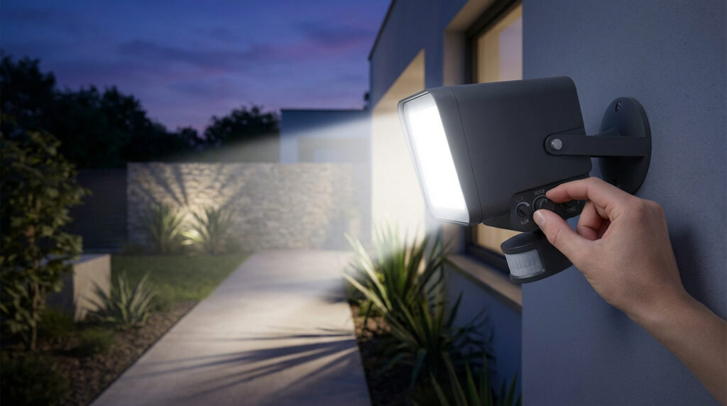 Une main règle les cadrans d'un projecteur LED extérieur mural. L'appareil éclaire une allée de jardin au crépuscule.