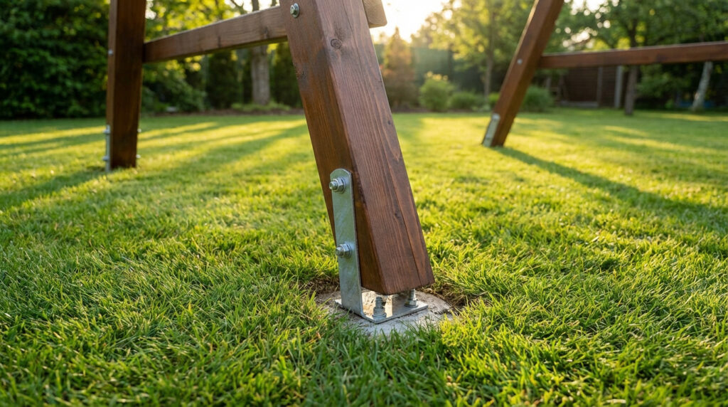 Pied de balançoire en bois foncé fixé à un plot de béton et au sol par des équerres métalliques dans un jardin verdoyant.