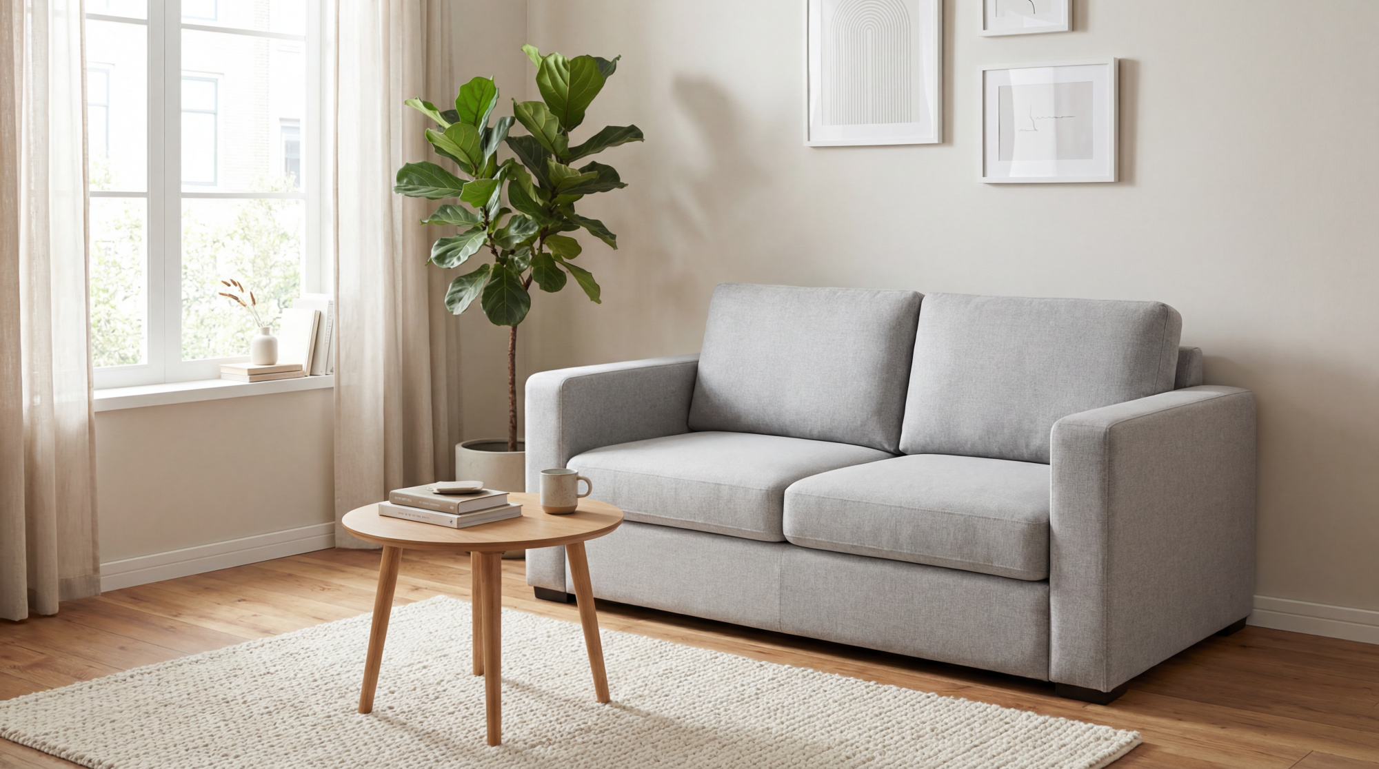 Salon lumineux avec canapé gris, table basse ronde, plante verte et fenêtre. Idéal pour optimiser un petit espace.
