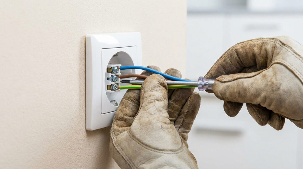 Des mains gantées connectent trois fils (bleu, marron, vert/jaune) à une prise électrique murale avec un tournevis.