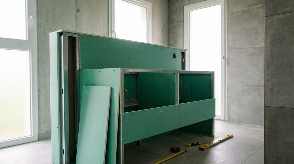 Un meuble de salle de bain en placo hydrofuge vert est en construction, avec des montants métalliques apparents et des outils au sol.