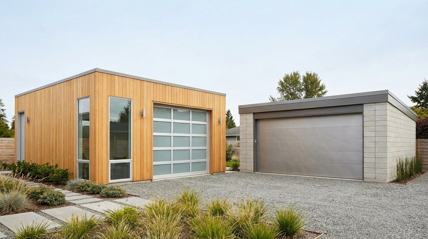 Deux garages modernes : l'un en bois clair avec porte vitrée, l'autre en parpaing gris avec porte métallique. Allée en gravier.