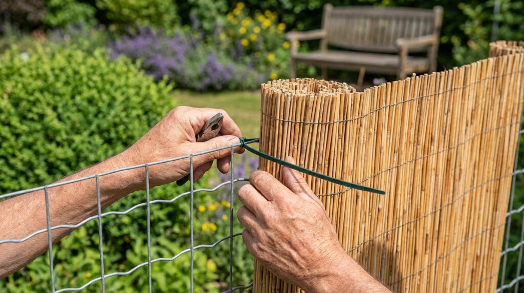 Mains fixant une canisse en roseau à un grillage métallique avec un collier de serrage vert et une pince dans un jardin.