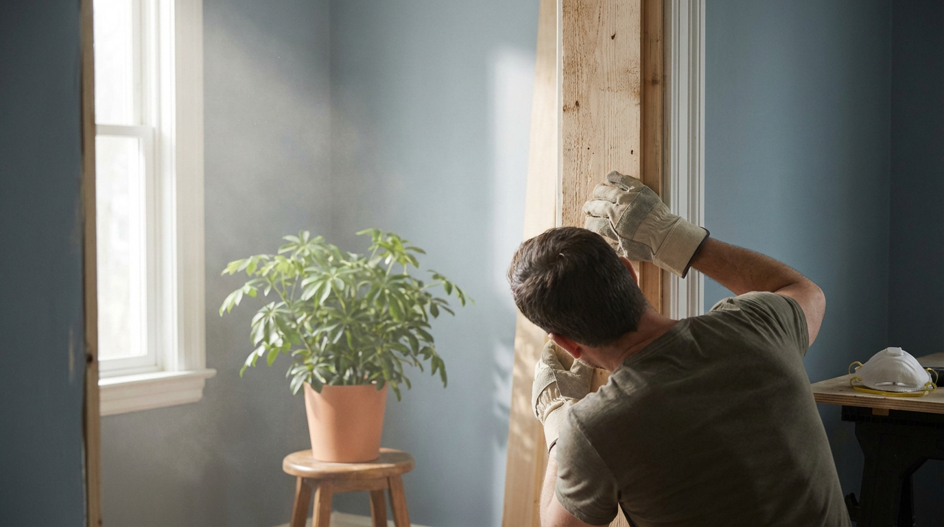 Un homme ponce du bois, de la poussière flotte dans la pièce. Un masque de protection respiratoire est visible sur une surface à côté.