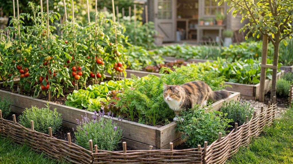 Un chat calico aux aguets dans un potager luxuriant avec des tomates, salades et carottes en jardinières, entouré d'une clôture en osier.
