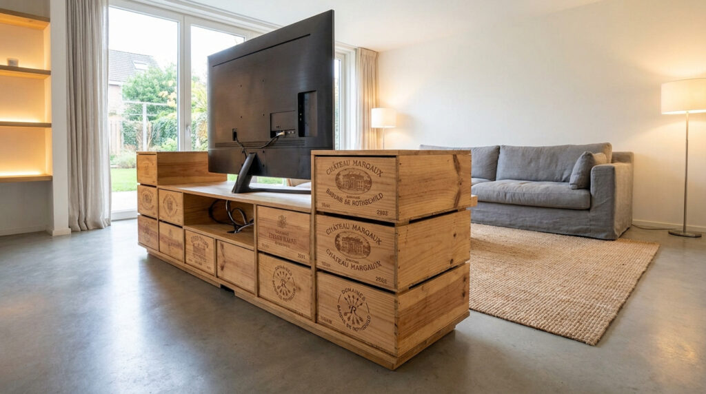 Meuble TV fabriqué avec des caisses de vin en bois, supportant une télévision dans un salon moderne avec canapé gris et fenêtres.