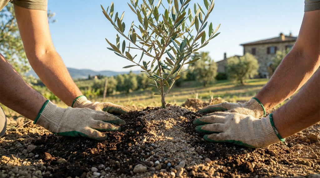 Deux mains gantées plantent un jeune olivier dans un sol meuble, avec une maison en pierre et des oliviers en arrière-plan sous un ciel bleu.
