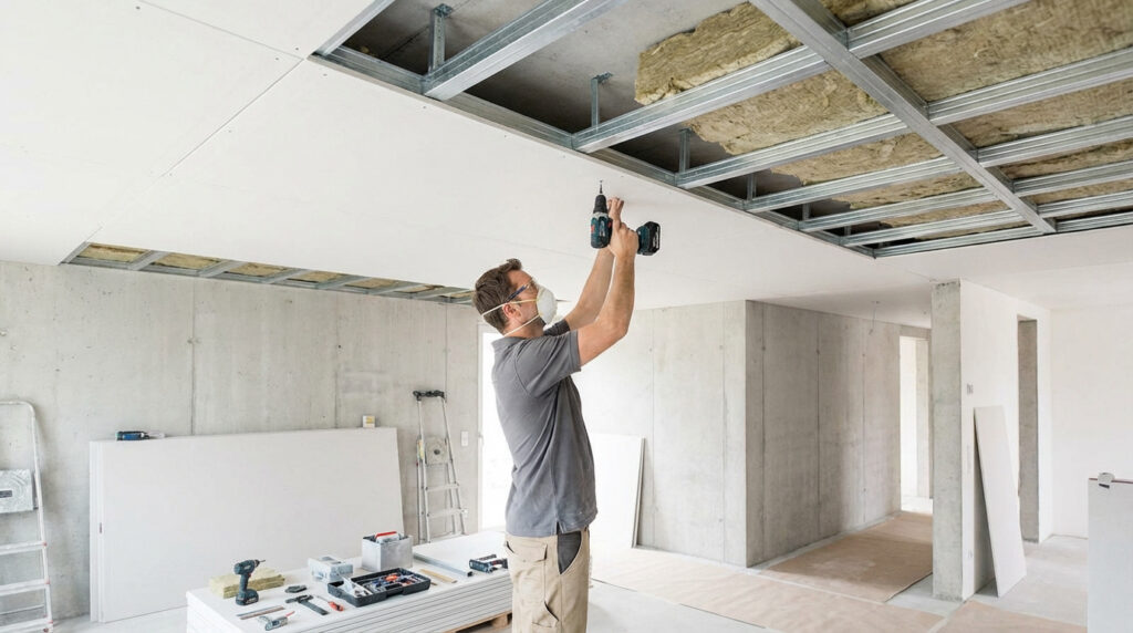 Pose d'un faux plafond en placo : un artisan visse des plaques sur une ossature métallique, l'isolation est visible au-dessus.