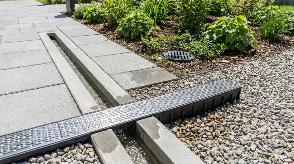 Vue rapprochée de caniveaux de drainage en béton avec de l'eau, une grille métallique, des dalles et un jardin paysager.