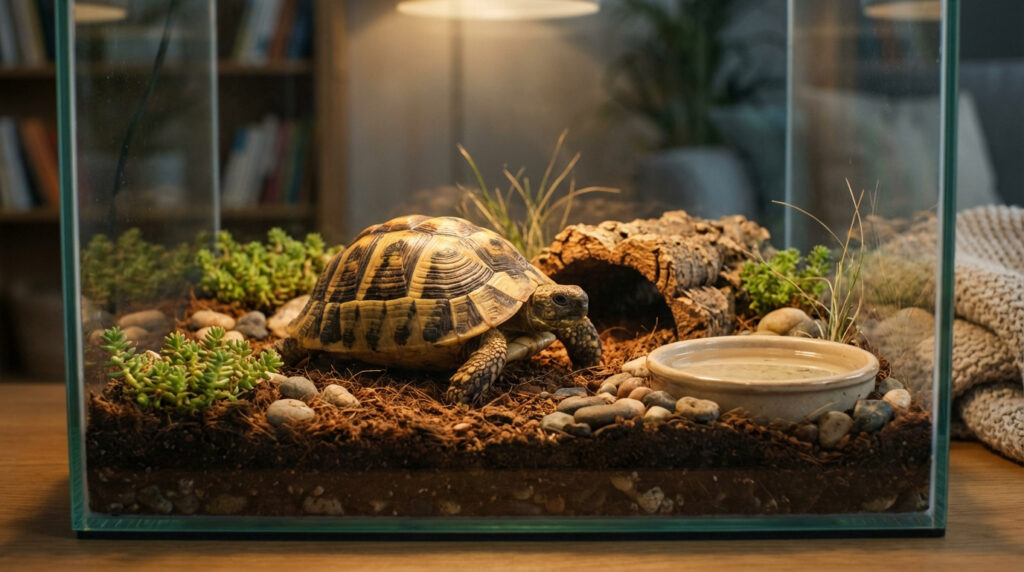 Une tortue de terre dans un terrarium en verre avec substrat, plantes, abri en bois et coupelle d'eau, sous une lampe chauffante.