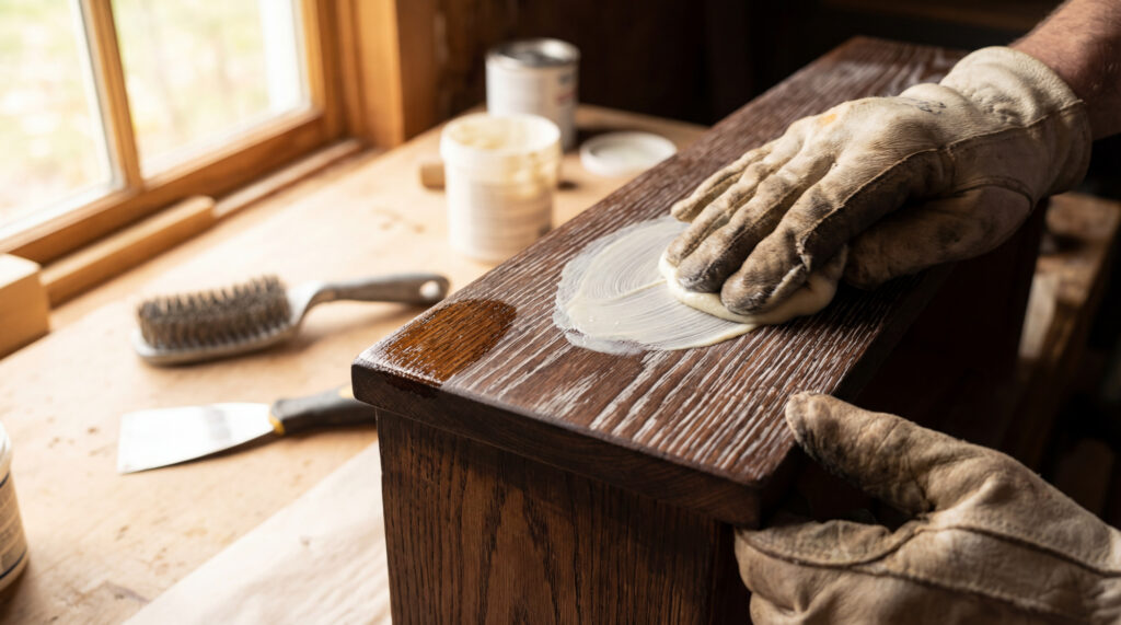 Une main gantée appliquant de la céruser blanche sur un meuble en bois foncé, soulignant le grain.
