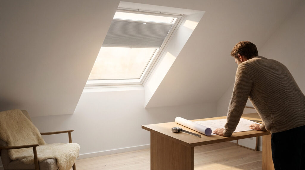 Homme étudiant des plans sur table en bois, près d'une fenêtre de toit Velux SK06 avec store plissé dans des combles.