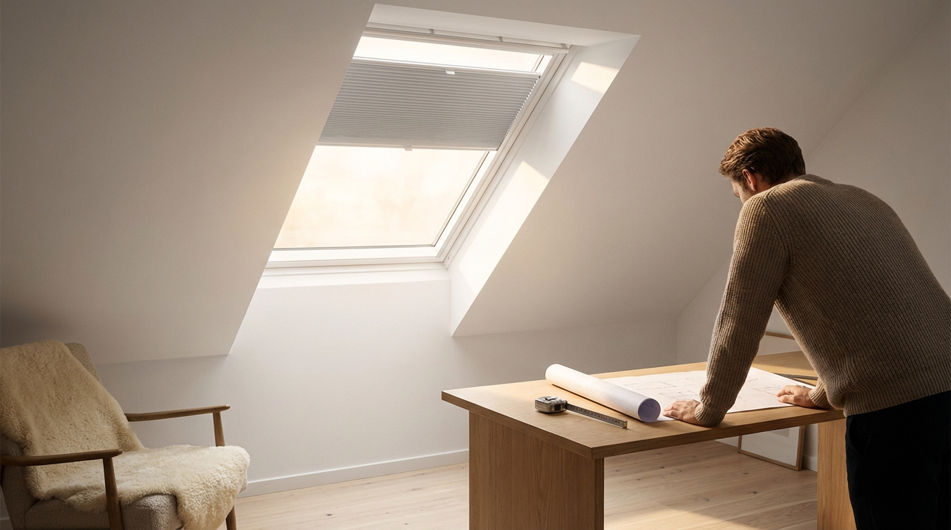 Homme étudiant des plans sur table en bois, près d'une fenêtre de toit Velux SK06 avec store plissé dans des combles.