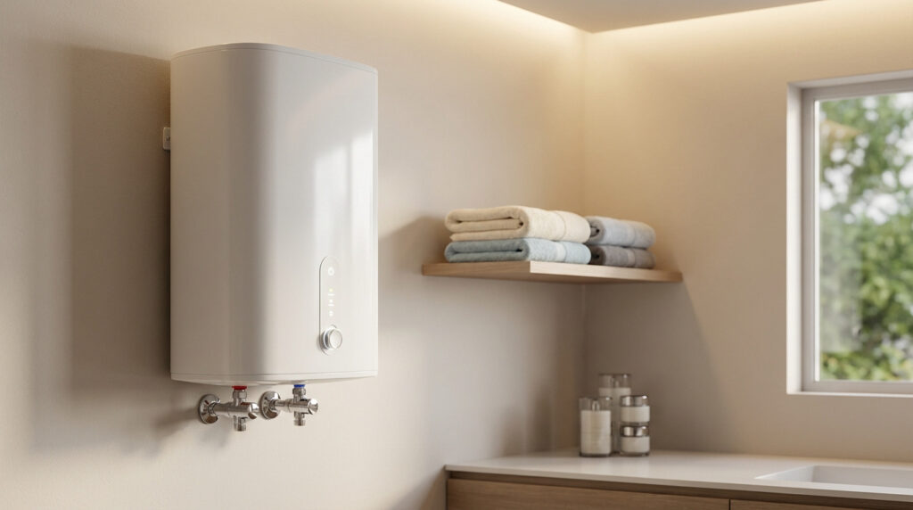 Chauffe-eau blanc mural et compact dans une pièce lumineuse. Étagère avec serviettes et fenêtre visible en arrière-plan.