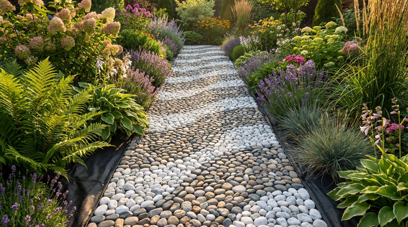 Allée sinueuse en galets clairs et foncés, bordée de fleurs de lavande, hortensias, fougères et hostas dans un jardin luxuriant.