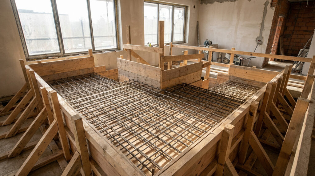 Coffrage en bois et ferraillage pour un escalier tournant en béton, prêt à couler sur un chantier avec fenêtres claires.