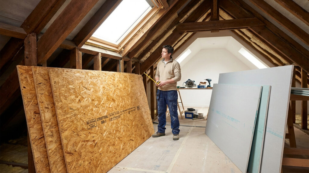 Ouvrier dans un grenier, avec des panneaux OSB et des plaques de placo, près de la charpente en bois et d'une fenêtre de toit.