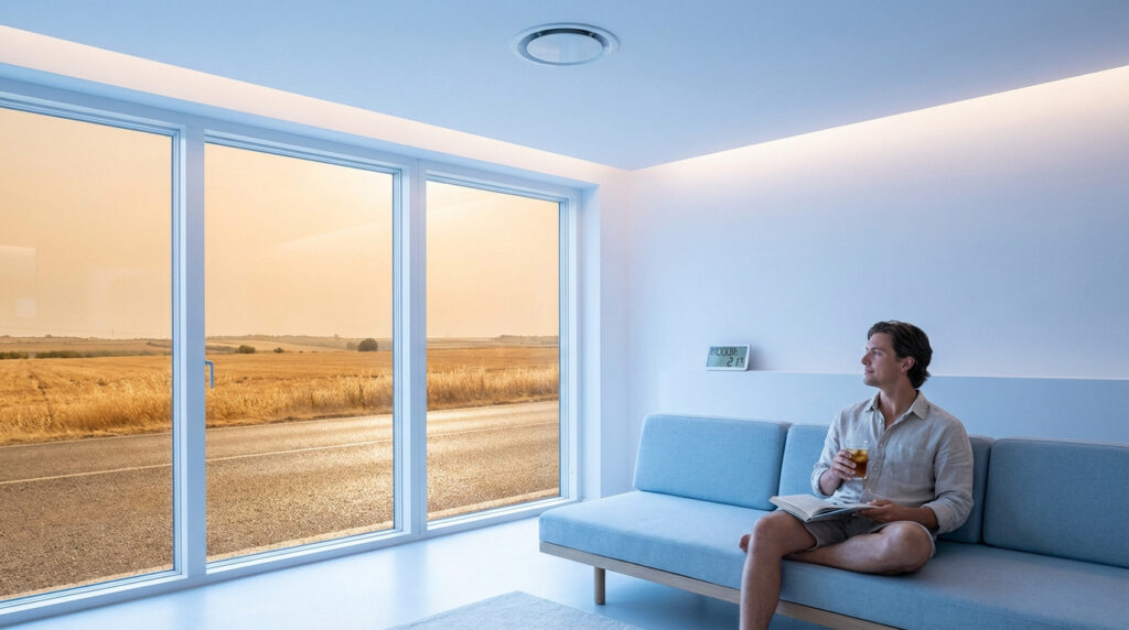 Un homme lit et boit sur un canapé, intérieur frais (21°C), face à un paysage aride et un ciel orangé par la fenêtre.