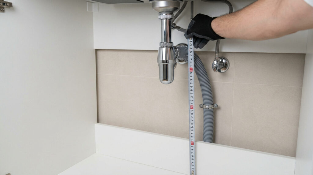 Main gantée mesurant la hauteur d'un tuyau de vidange de lave-vaisselle connecté à un siphon chromé sous un évier.
