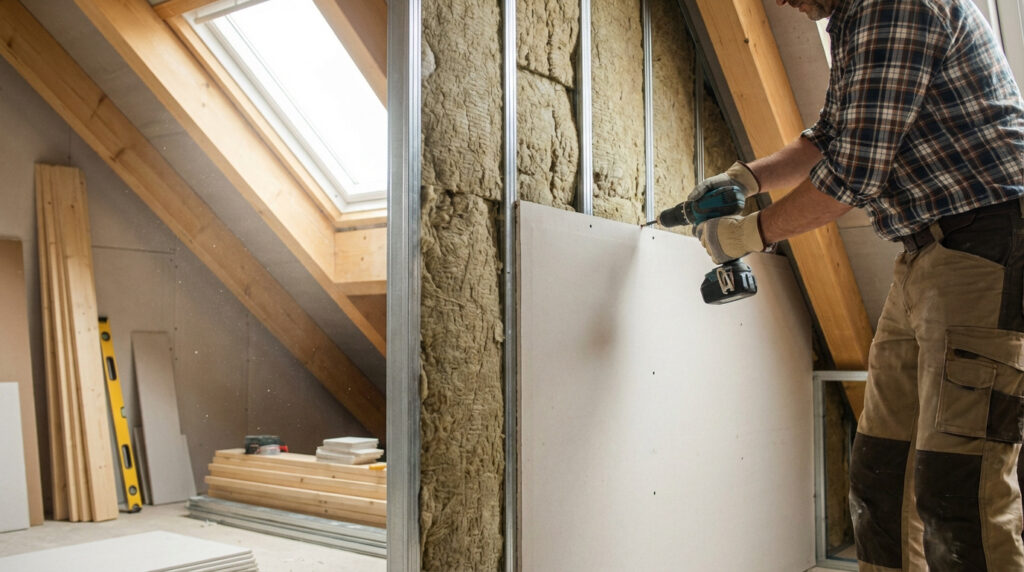 Un ouvrier visse une plaque de plâtre sur une ossature métallique avec isolation, pour une cloison de comble. Lumière par le Velux.