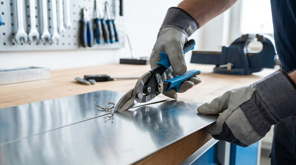 Mains gantées coupant une tôle de zinc brillante avec des cisailles à tôle bleues sur un établi, outils en arrière-plan.